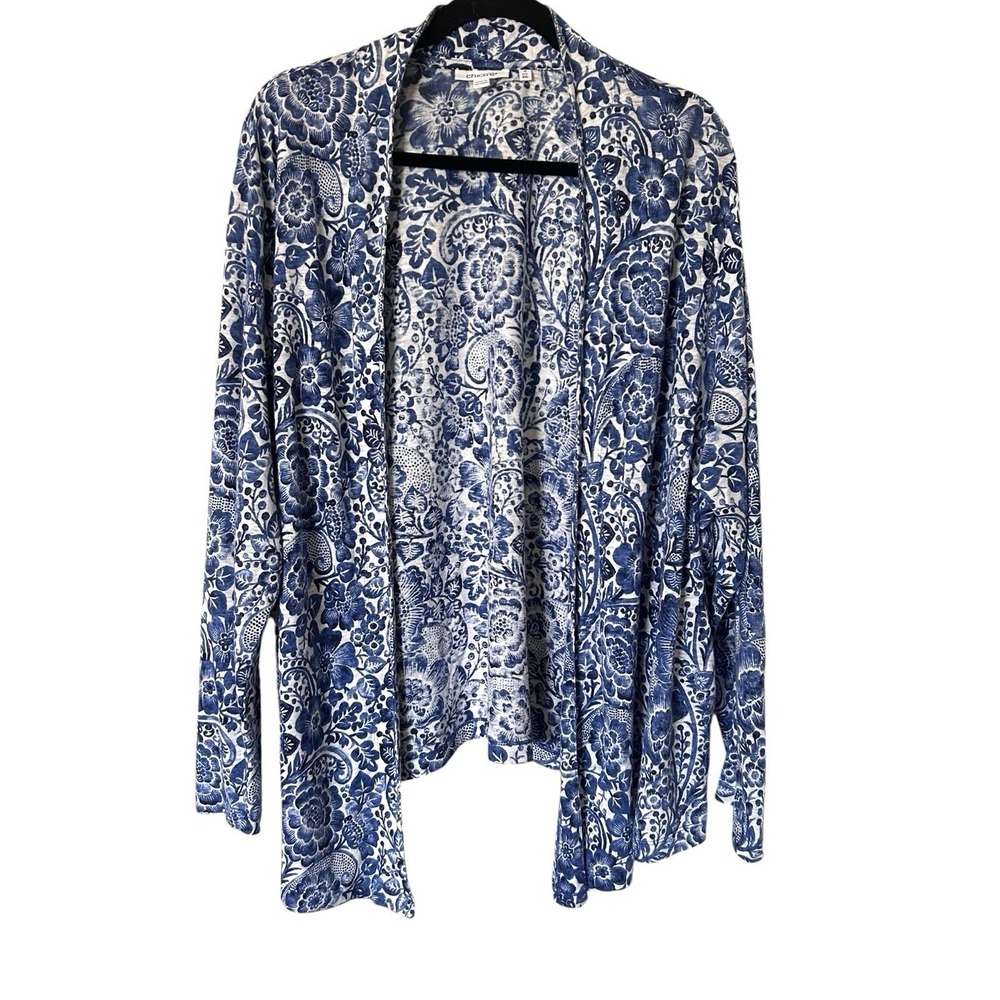 Chico's Cardigan Linen Floral Paisley Open Front Size 4/ XXL Blue White Beach